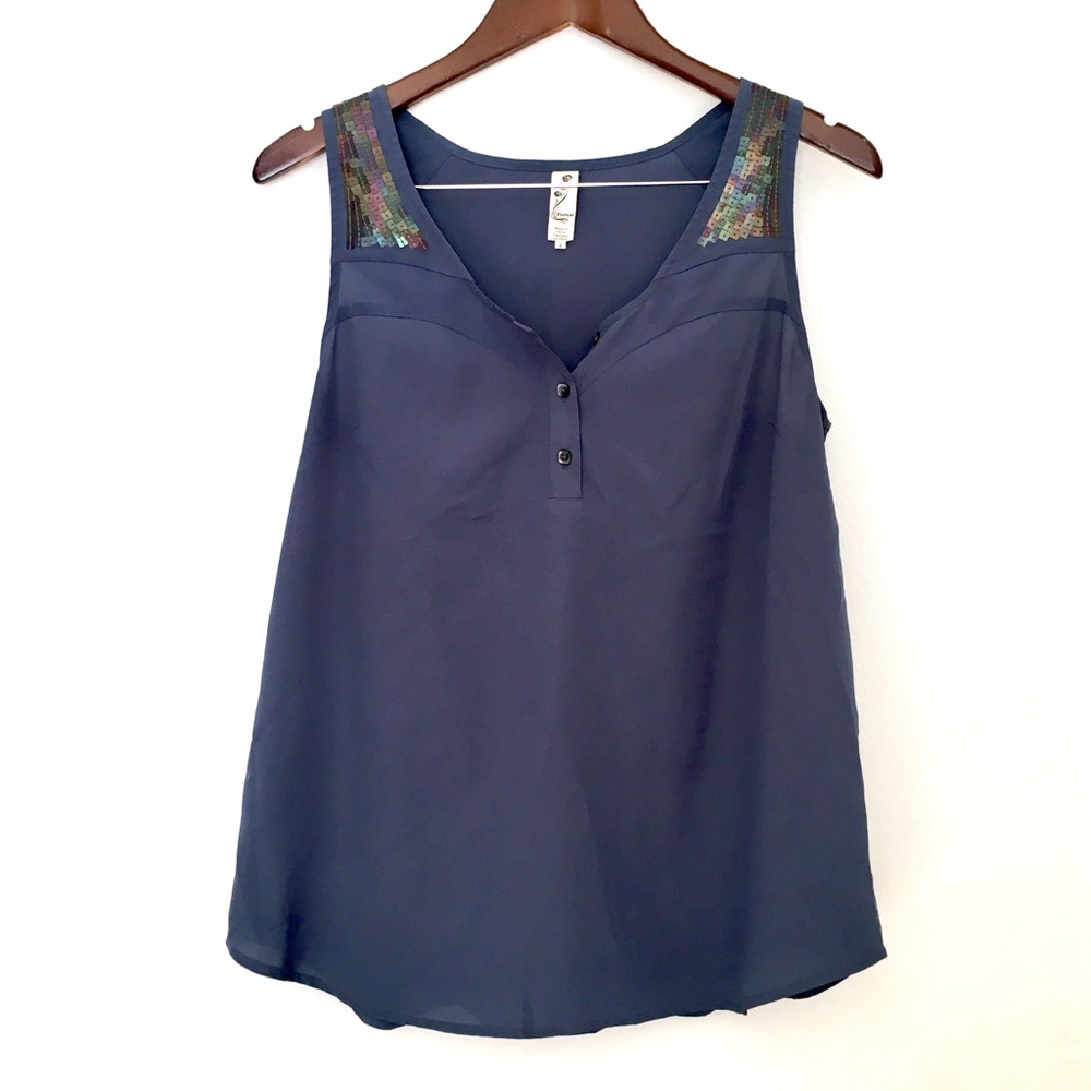 Anthropologie Blue Floreat Sequin Epaulette Tank